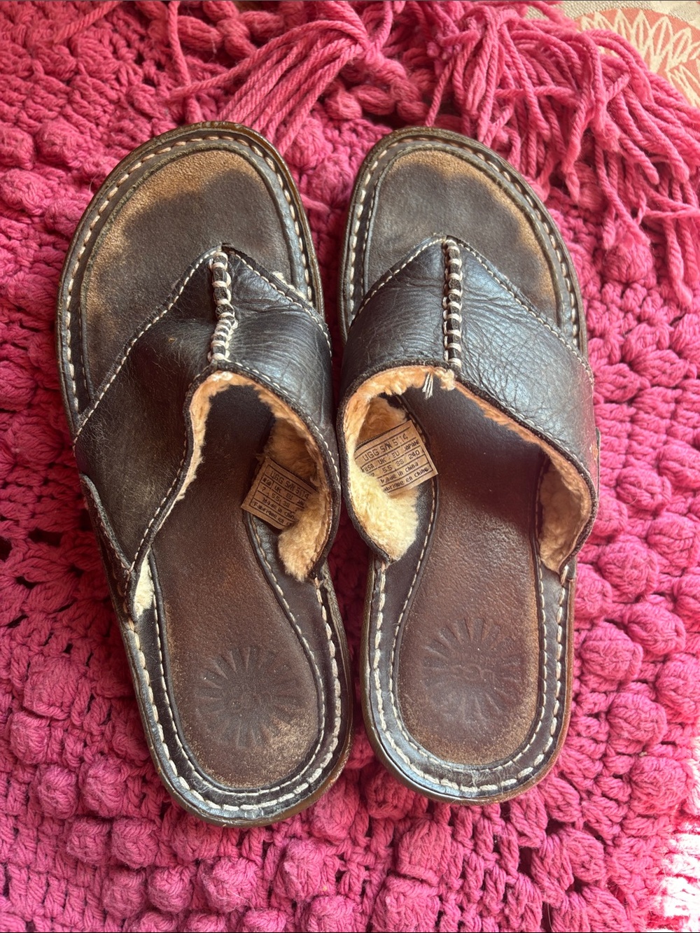 Ugg Brown Leather Shearling-Trim Slide Sandals size 7